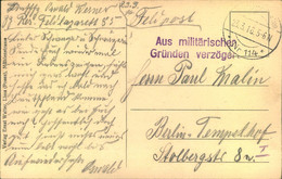 1918, Feldpostkarte "Aus Militärischen Gründen Verzögert" - Autres & Non Classés