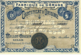 Circa 1900 FABRIQUE DE CERUSE COULEUR à Lille Millot Cousin Certificat D’origine Publicité B.E.V.HISTORIQUE - Publicités