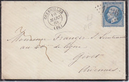Lettre Obl. Guebwiller (T 15) Le 10 Mars 68 GC 1726 Sur N° 22 Variété De Piquage (petit Format) Pour Givet - 1862 Napoléon III.