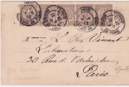 TUNISIE - CARTE 1903 AFFRANCHIE AVEC BANDE DE 5 TIMBRES - DOS INVERSE - PRECURSEUR - Lettres & Documents