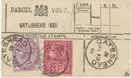 GB „GATESHEAD“ Superb Thimble (21mm) On VF Parcel Post Label (repaired At Top Before X LIST) Franked With QV 1d And 6d - Covers & Documents