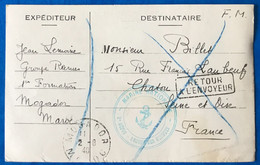 Maroc, TAD MOGADOR 2.8.1940 Sur CPA + Cachet MARINE NATIONALE 2°DEPOT  GROUPE DES RECRUES - (B596) - Cartas & Documentos