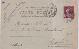 ALGERIE - 1925 - SEMEUSE SURCHARGEE ! - CARTE ENTIER De CONSTANTINE => MOULINS - Covers & Documents