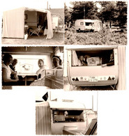 Lot De 5 Photos Originales Camping - Vacances En Caravane Immatriculée HH LU 270, Auvent Et Cage à Oiseaux 1960/70. - Cars