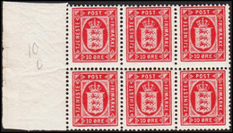 1902. DANMARK. Official. TJENESTE FRIMÆRKE 10 Øre Red. Perf. 12 3/4, 6-block Never Hinged.  (Michel D10A) - JF521324 - Oficiales