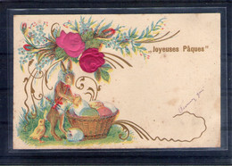Carte Illustrée Gauffrée. Lapin Et Panier D'oeufs - Pascua