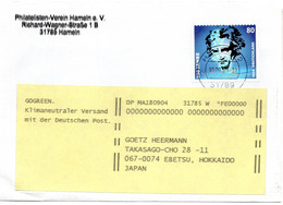 59572 - Bund - 2020 - 80c Beethoven EF A Bf Innerh HAMELN, Nachges -> Japan - Briefe U. Dokumente