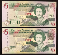 East Caribbean 2 X 5 DOLLARI 2003 + 2008 QEII Polimero UNC- LOTTO 3936 - Caraibi Orientale