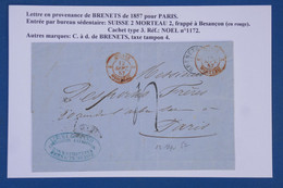 AW7  SUISSE  BELLE LETTRE 1 10 1857 PETIT BUREAU BRENETS POUR PARIS FRANCE ++++C. ROUGES +AFFRANCHIS. INTERESSANT. - ...-1845 Préphilatélie