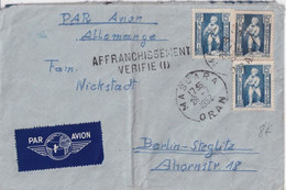 ALGERIE - 1952 - GRIFFE "AFFRANCHISSEMENT VERIFIE" ENVELOPPE Par AVION De MASCARA => BERLIN - Briefe U. Dokumente