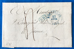 Belgique, TAD BRUXELLES 23.2.1838 + Marque Bleue SR Sur Lettre - (A764) - 1830-1849 (Belgica Independiente)