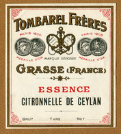 " ESSENCE CITRONNELLE DE CEYLAN " : TOMBAREL FRERES à GRASSES - Etichette