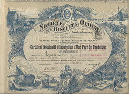 SOCIETE DES BISCUITS OLIBET- SURESNES - CERTIFICAT ILLUSTRE NOMINATIF D'UNE PART DE FONDATEUR - 1899 - Sonstige & Ohne Zuordnung