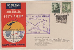 Australia To South Africa 1952 Australia-Coco Is-Mauritius-South Africa Flight - Erst- U. Sonderflugbriefe