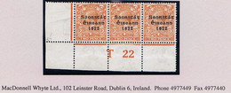 Ireland 1922-23 Thom Saorstat 2d Die 2 Control T22 Perf Corner Strip Of 3 Mint Unmounted, Overprint Plate 2, - Brieven En Documenten