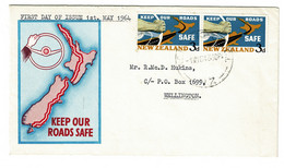 Ref 1553 -  1964 New Zealand FDC First Day Cover - 3d Road Safety - Keep Our Roads Safe - Covers & Documents