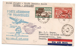 1940 - ENVELOPPE POSTE AERIENNE 1ere PREMIERE TRAVERSEE ENTRE NOUVELLE CALEDONIE ET NOUVELLE ZELANDE - TàD NOUMEA - Cartas & Documentos