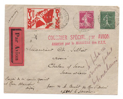 1928 - GRIFFE "COURRIER SPECIAL PAR AVION" & VIGNETTE EXPOSITION PHILATELIQUE DIJON AVIATION Sur ENVELOPPE - SEMEUSE - 1960-.... Lettres & Documents