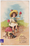 Félicitations 1910s - Jolie CPA Gaufrée De Suède Fille Fillette Fleurs Roses Chien Teckel Dachshund Postcard A74-57 - Perros
