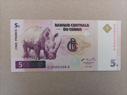 Billete De Congo De 5 Francs, Año 1997 Nº Baijisimo G0000400A, UNC - Republic Of Congo (Congo-Brazzaville)