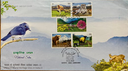 INDIA 2020, UNESCO WORLD HERITAGE SITES IN INDIA,ANIMALS,MONKEY,DEER,BIRD,BEAR,NATURE,TIGER,FLOWER,ICE HLL,GOAT, 5 STAM, - Covers & Documents