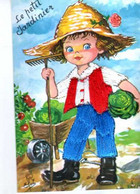 Carte Brodee Le Petit Jardinier, Rateau , Brouette - Embroidered