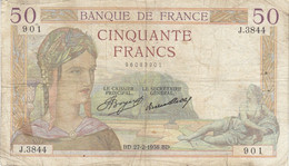 Billet 50 F Cérès Du 27-2-1936 FAY 17.22 Alph. J.3844 - 50 F 1934-1940 ''Cérès''