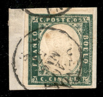 Antichi Stati Italiani - Sardegna - 1857 - 5 Cent Verde Mirto Chiaro (13Aa) - Usato A Genova Su Frammento - Fiecchi + Ce - Autres & Non Classés