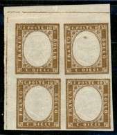 Antichi Stati Italiani - Sardegna - 1863 - Resti Di Stampa - 10 Cent (14E) - Blocco Angolare Sinistro Di 4 Con Linea Di  - Autres & Non Classés