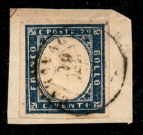 Antichi Stati Italiani - Sardegna - 1861 - 20 Cent  Cobalto Oltremare (15Di) Usato A Caravaggio (29.1.62) Su Frammento - - Autres & Non Classés