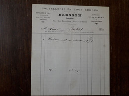 L36/359 Ancienne Facture . Chalon Sur Saone . Coutellerie / Secateurs /Ciseaux / Rasoirs . Bresson - 1800 – 1899
