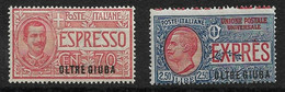 395 Oltre Giuba  1926 - Espresso - Soprastampati “Oltre Giuba” N. 1/2. Cat. € 160,00. MH - Oltre Giuba