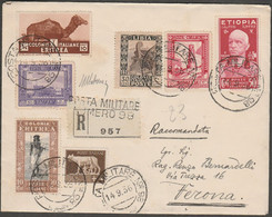 418  -1936, Raccomandata Posta Militare Da Harar Etiopia, Diretta A Verona, Affrancata Con 6 Francobolli Delle Colonie I - Otros & Sin Clasificación