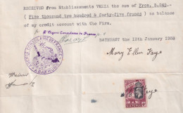 GAMBIA - 1938 - TIMBRE-POSTE UTILISATION FISCALE ! Sur RECU De L'AGENCE CONSULAIRE De FRANCE ! à BATHURST - Gambia (...-1964)