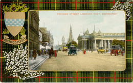 PRINCES STREET, EDINBURGH , Hunting Stewart Tartan, Clan -Crowded Street Scene- Cars, Buses,  Valentines Colourtone - Genealogy
