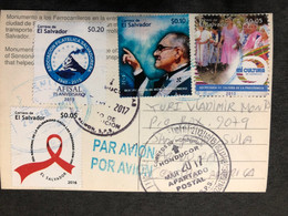 Postcard Train In Sonsonate( AIDS , Volcano And Romero Stamps) - El Salvador