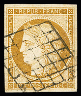 Obl N°1 10c Bistre-jaune, Belles Marges, Obl. Grille Légère Dégageant L'effigie, TTB. Signé Calves - 1849-1850 Cérès