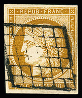 Obl N°1 10c Bistre-jaune, Bien Margé, Obl. Grille Dégageant L'effigie, TB. Signé A.Brun, Calves - 1849-1850 Cérès