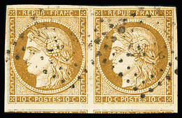 Obl N°1b 10c Bistre-verdâtre En Paire Oblitérée Proprement, Avec Voisin En Bas. TTB. Signé Calves, Baudot - 1849-1850 Cérès