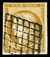Obl N°1b 10c Bistre Verdâtre, Bien Margé, Obl. Grille, TB. Signé A.Brun, Calves Pour La Nuance - 1849-1850 Cérès