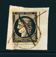 Sur Fragment N°3 20c Noir, Au Filet à Gauche, Obl. Càd T15 Et Plume Sur Petit Fragment, TB - 1849-1850 Ceres