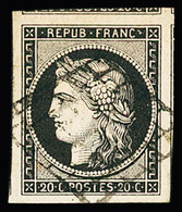 Obl N°3a 20c Noir Sur Blanc, Très Grandes Marges Avec Voisins Sur 3 Côtés, Obl. Grille, SUP - 1849-1850 Cérès
