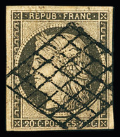 Obl N°3c 20c Gris-noir, Obl. Grille, Petite Marge En Bas à Droite, TB. Cert. JF.Brun - 1849-1850 Cérès