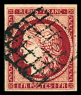 Obl N°6B 1f Carmin-brun, Bien Margé, Obl. Grille, TTB. Cert. Scheller - 1849-1850 Ceres