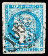 Obl N°44A 20c Bleu Type 1 Report 1, Obl. GC 1065 De Cognac (Charente), TTB. Signé Calves - 1870 Bordeaux Printing