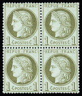 **,*,bloc De 4 N°50 1c Vert-olive En Bloc De 4, Légère Demi-charnière Sur Un Timbre, Très Frais, TTB - 1871-1875 Ceres