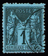 Obl N°84 1c Noir Sur Bleu De Prusse, Obl., Pli Horizontal Et Pelurage. Certificat JF.Brun - 1876-1898 Sage (Type II)