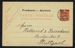 Lettre Entier Carte Postale 10c Semeuse Rouge Surchargée "Memel 30 Pfennig" OBL Memel (1920) Pour Stuttgart Avec Au Vers - Brieven En Documenten