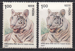 EFO, (Error, Odd) Clour Variety,  India MNH 1987, Wildlife 1.00r White Tiger, Wild Life, Animal, Cond., Marginal Stains - Abarten Und Kuriositäten