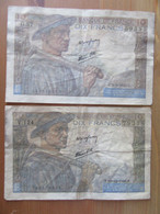 France - 2 Billets 10 Francs Mineur 9=9=1943 Et 19=12=1946 - G.57 / V.124 - 10 F 1941-1949 ''Mineur''